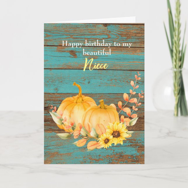 Teal Wood Sunflower Pumpkin Fall Birthday Niece Card (Front)