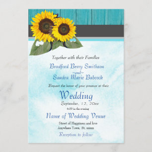 Teal Wood Watercolor Rustic Sunflower Wedding Invitation