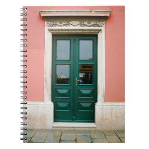 TEAL WOODEN DOOR WITH WHITE STEEL WINDOW FRAME NOTEBOOK