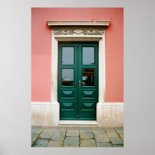 TEAL WOODEN DOOR WITH WHITE STEEL WINDOW FRAME POSTER