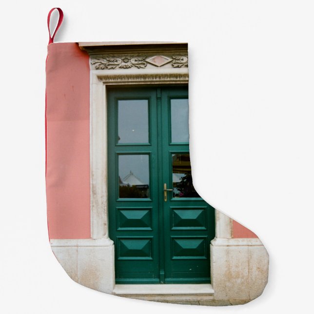 TEAL WOODEN DOOR WITH WHITE STEEL WINDOW FRAME SMALL CHRISTMAS STOCKING (Front)
