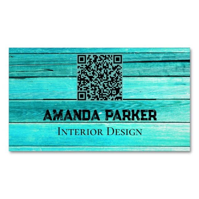 Teal Wooden Modern Simple QR Code Magnetic Business Card (Front)