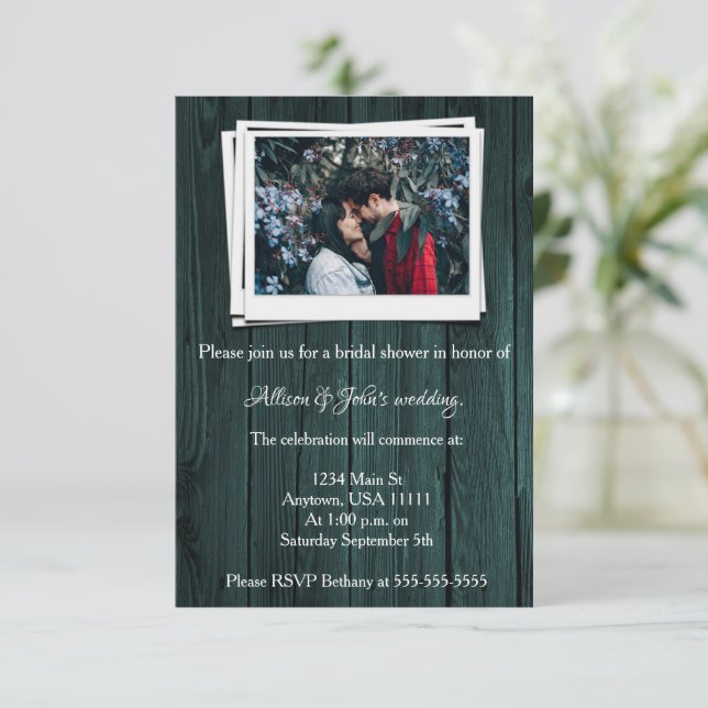 Teal Wooden Photo Bridal Shower Invite (Standing Front)