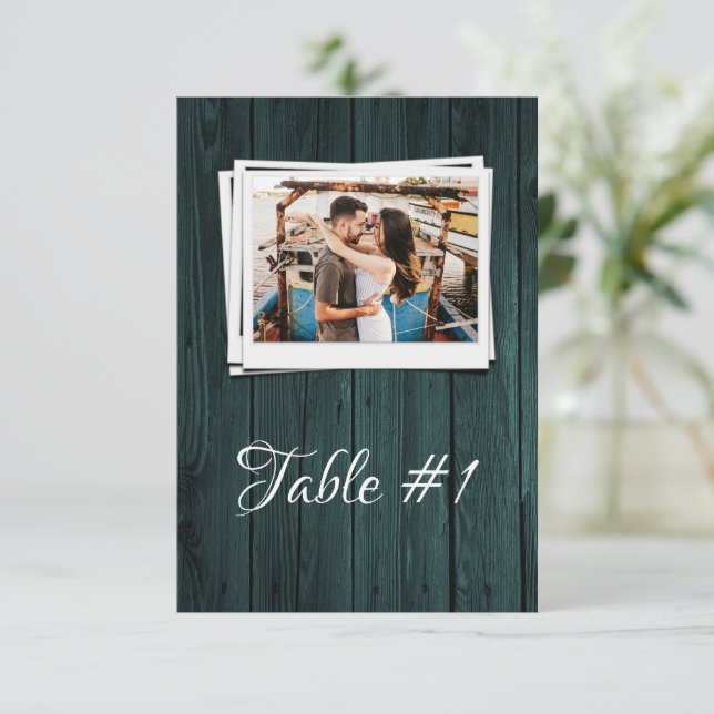 Teal Wooden Photo Reception Table Card (Standing Front)