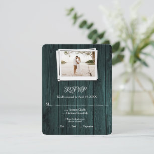 Teal Wooden Photo Wedding RSVP Card
