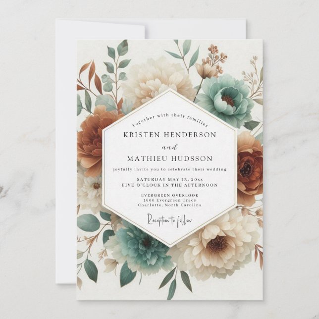 Teal Woodland Bloom Wedding Invitation (Front)