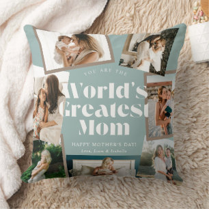 Teal World's Greatest Mom 7 Photo Collage Cushion