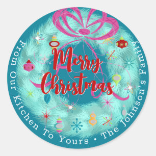 Teal Wreath Retro Christmas Classic Round Sticker