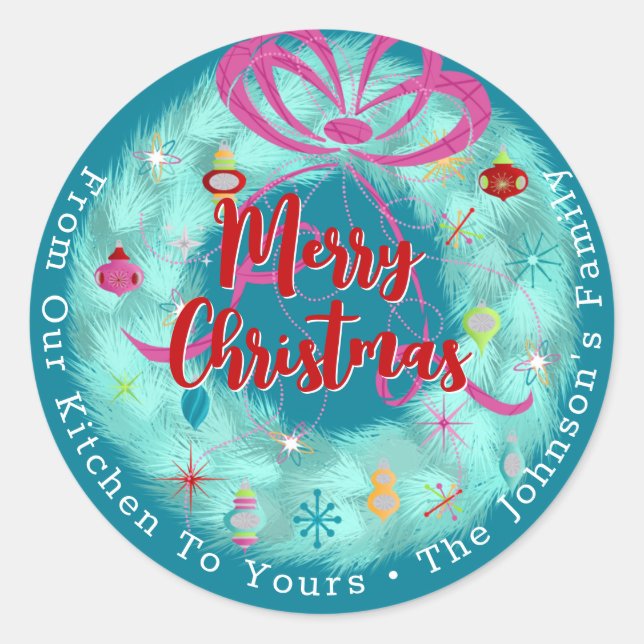 Teal Wreath Retro Christmas Classic Round Sticker (Front)