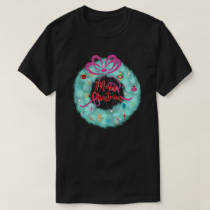 Teal Wreath Retro Christmas  T-Shirt