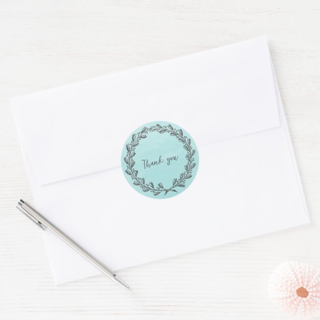 Teal Wreath Thank You Classic Round Sticker (Envelope)