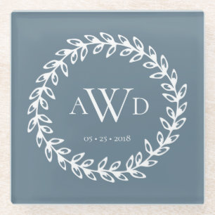 Teal Wreath   Triple Monogram Coaster