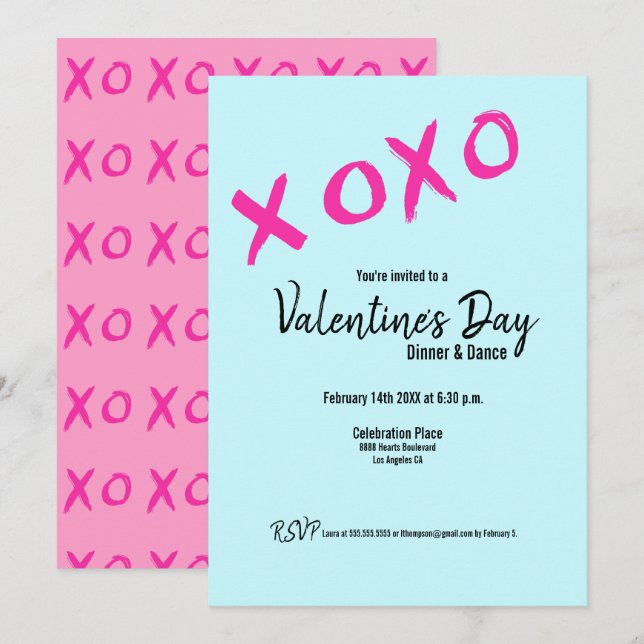 Teal XOXO pink Valentines Dinner Dance Party Invitation (Front/Back)