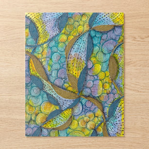 Teal Yellow Abstract Swirls Doodle Pattern Jigsaw Puzzle