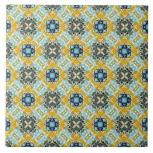Teal, Yellow, and Grey Diamonds and Squares Patter Tile