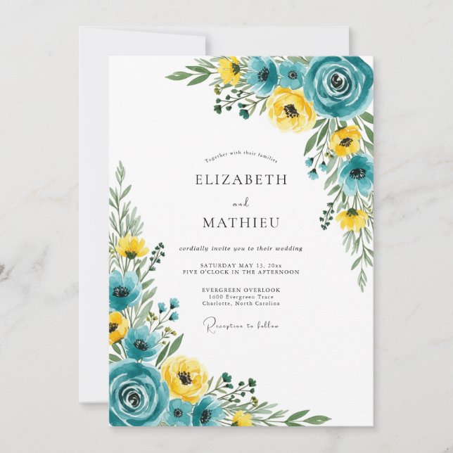 Teal Yellow Artistic Bloom Wedding Invitation (Front)