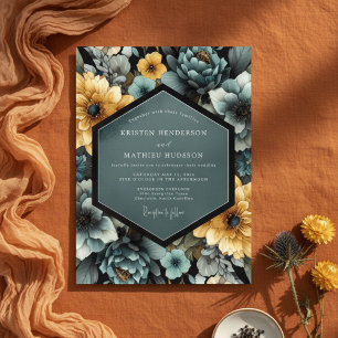 Teal Yellow Blossom Romance Wedding Invitation