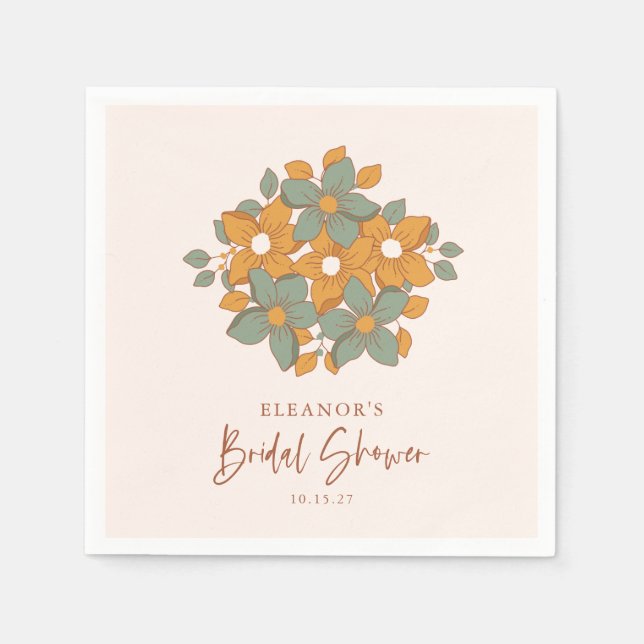 Teal Yellow Boho Retro Floral Bridal Shower Custom Napkin (Front)