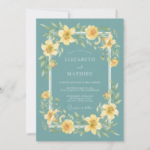 Teal Yellow Botanical Flourish Wedding Invitation