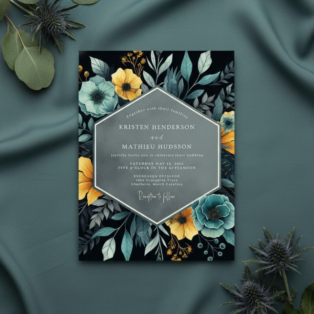 Teal Yellow Botanical Opulent Wedding Invitation (Creator Uploaded)