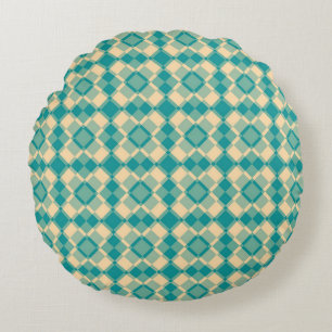 Teal Yellow Chequered Argyle Pattern Round Cushion