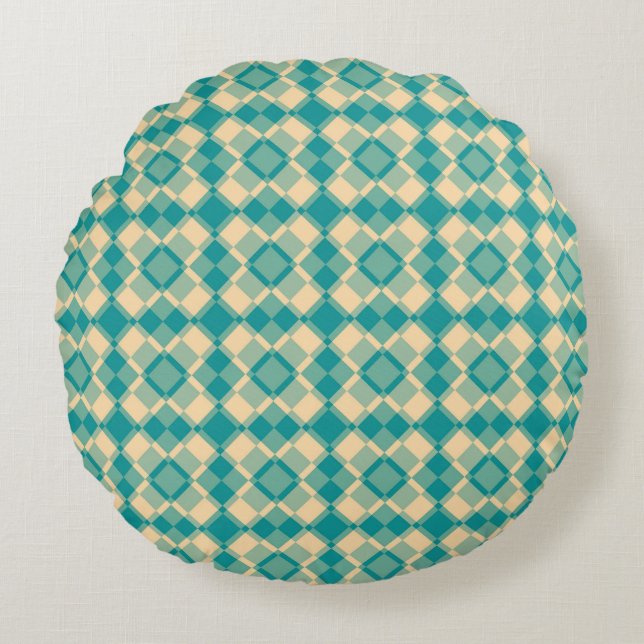 Teal Yellow Chequered Argyle Pattern Round Cushion (Front)