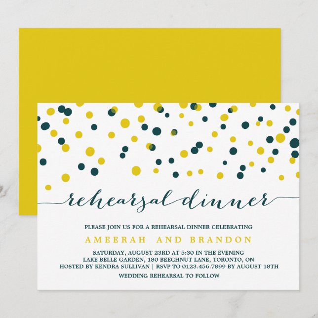 Teal & Yellow Confetti Dots Rehearsal Dinner Invitation (Front/Back)