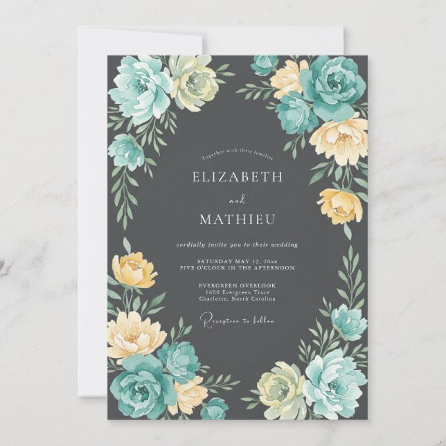 Teal Yellow Ethereal Bloom Wedding Invitation (Front)
