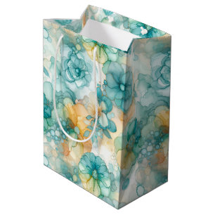 Teal Yellow Floral Alcohol Ink Style Wine, Small, Medium Gift Bag