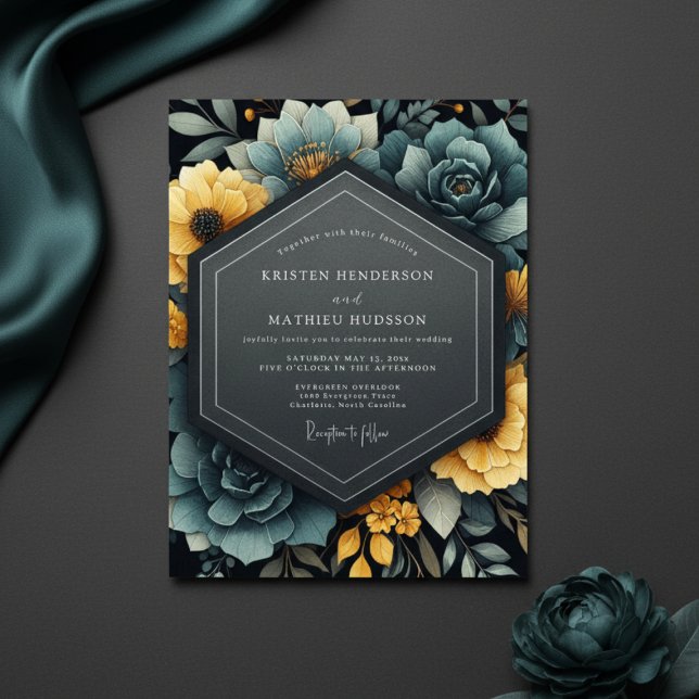 Teal Yellow Floral Bloom Wedding Invitation (Creator Uploaded)