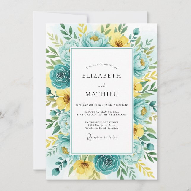 Teal Yellow Floral Bloom Wedding Invitation (Front)
