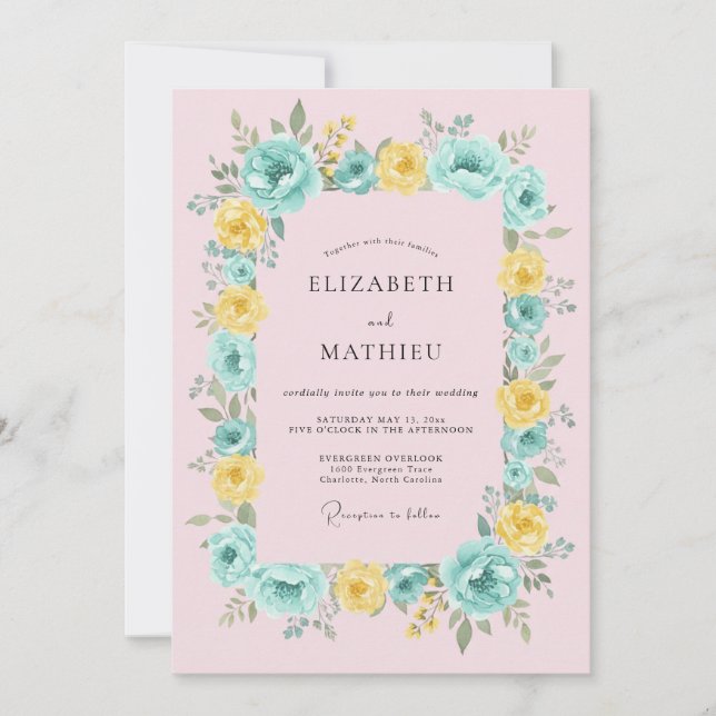 Teal Yellow Floral Flourish Wedding Invitation (Front)