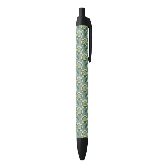 Teal & Yellow Floral Pattern Black Ink Pen (Bottom (Vertical))