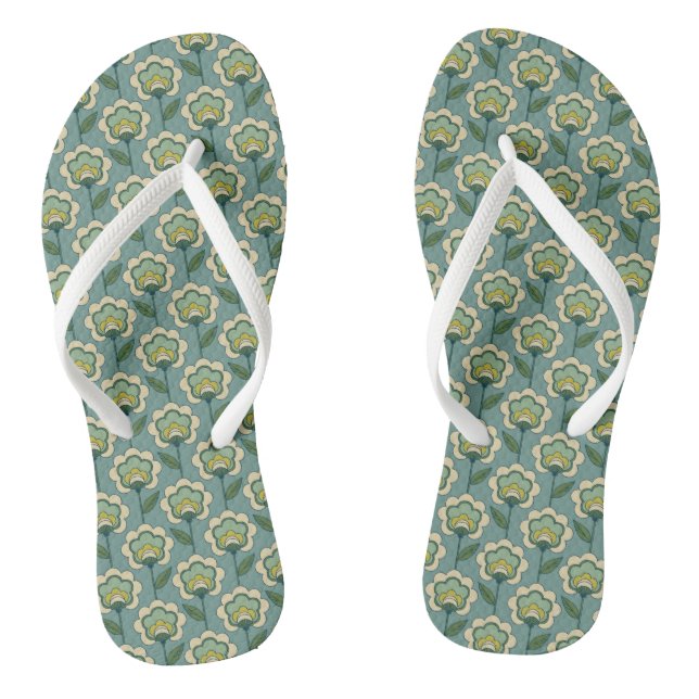 Teal & Yellow Floral Pattern Flip Flops (Footbed)