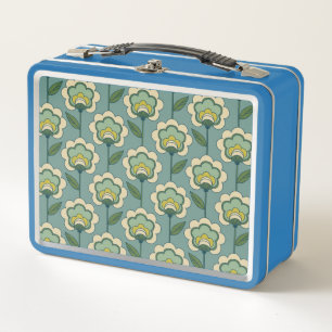 Teal & Yellow Floral Pattern Metal Lunch Box