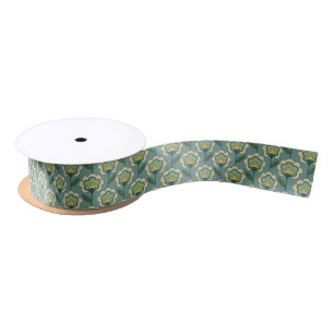 Teal & Yellow Floral Pattern Satin Ribbon