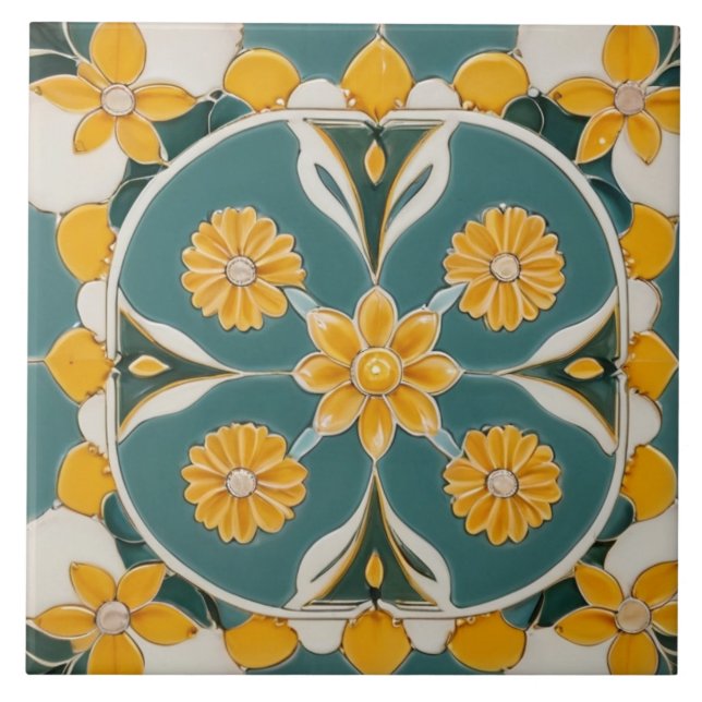 Teal Yellow Flowers Geometric Floral Mediterranean Tile (Front)