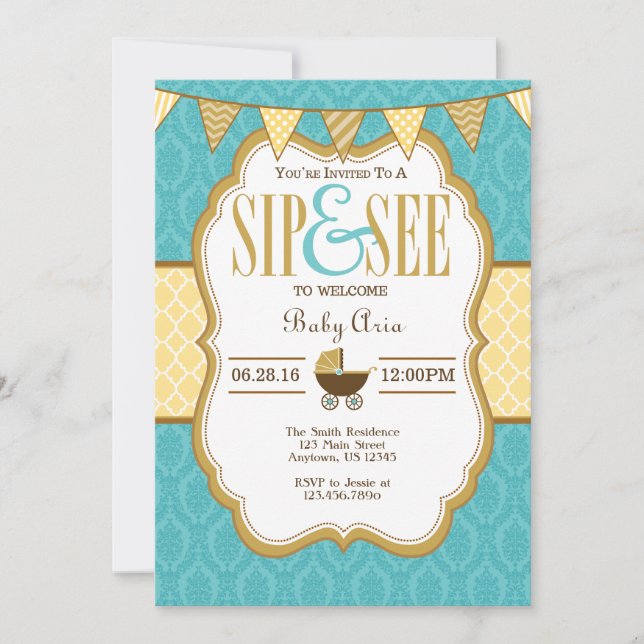 Teal Yellow Gold Sip And See Invitation (Front)