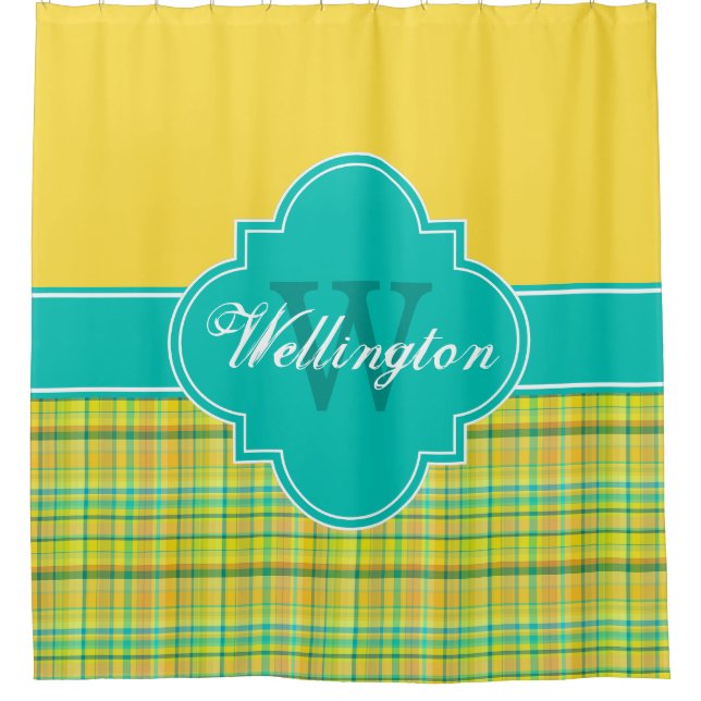 Teal Yellow Madras Plaid 1ICB Ribbon Name Shower Curtain (Front)