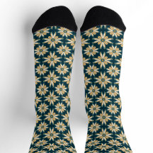 Teal Yellow Retro Daisy Pattern Crew Socks
