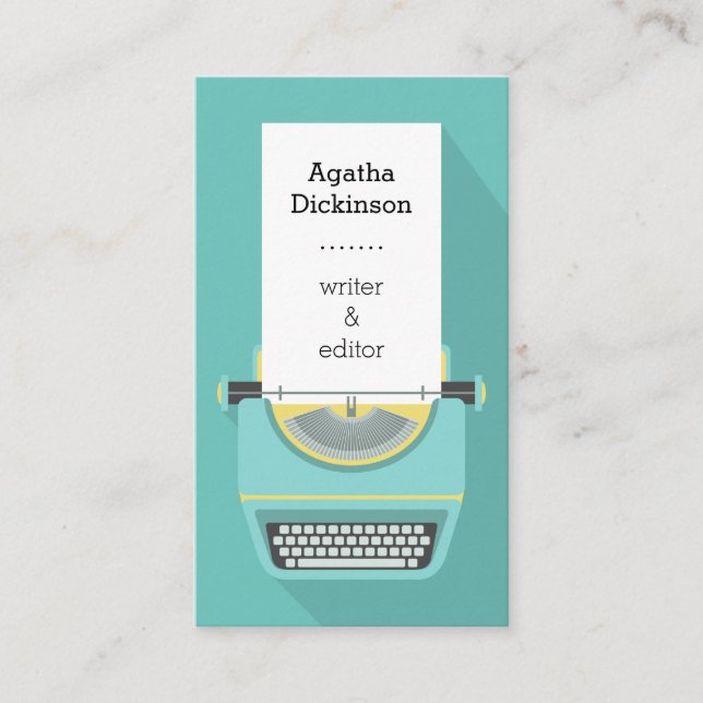 Teal yellow retro typewriter professional writer business card (Front)