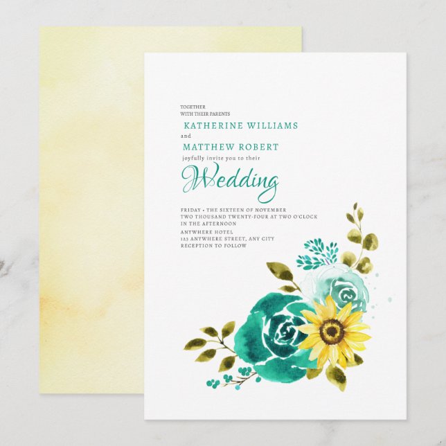 Teal Yellow Sunflower Floral Wedding  Invitation (Front/Back)