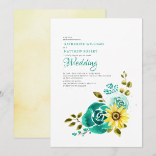 Teal Yellow Sunflower Floral Wedding  Invitation