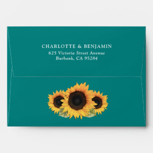 Teal Yellow Sunflower Wedding Return Address Envelope