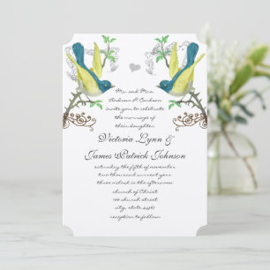 Teal & Yellow Vintage Birds Boho Arbor Wedding Invitation