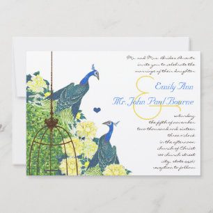 Teal & Yellow Vintage Peacock Bird Cage Wedding Invitation