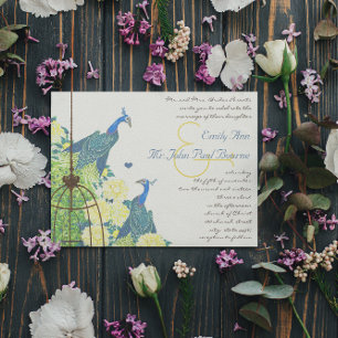 Teal & Yellow Vintage Peacock Birdcage Wedding Invitation
