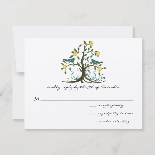 Teal & Yellow Whimsical Swirl Tree Wedding RSVP (Front)