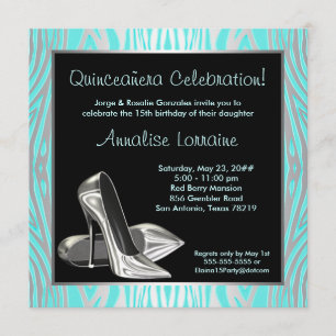 Teal Zebra High Heels Quinceanera 15th Party Invitation
