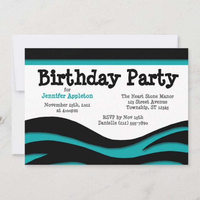Teal Zebra Print Waves Birthday Invitations (Front)